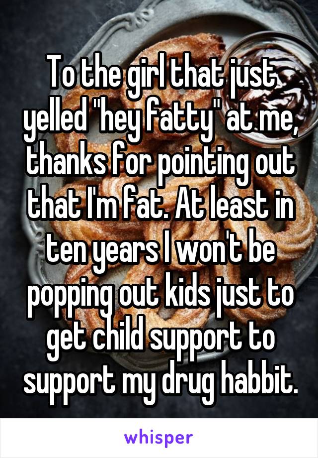 To the girl that just yelled "hey fatty" at me, thanks for pointing out that I'm fat. At least in ten years I won't be popping out kids just to get child support to support my drug habbit.