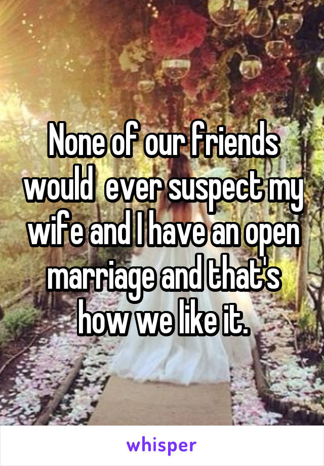 None of our friends would  ever suspect my wife and I have an open marriage and that's how we like it.
