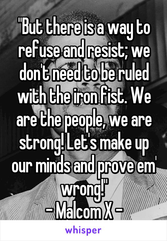 "But there is a way to refuse and resist; we don't need to be ruled with the iron fist. We are the people, we are strong! Let's make up our minds and prove em' wrong!"
- Malcom X -