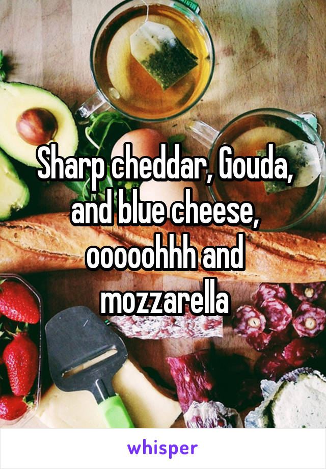 Sharp cheddar, Gouda, and blue cheese, ooooohhh and mozzarella