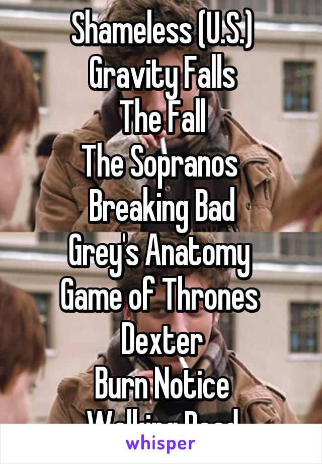Shameless (U.S.)
Gravity Falls
The Fall
The Sopranos 
Breaking Bad
Grey's Anatomy 
Game of Thrones 
Dexter
Burn Notice
Walking Dead