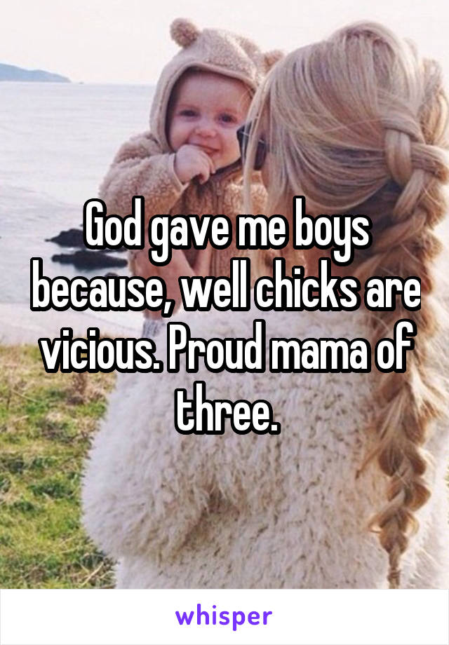 God gave me boys because, well chicks are vicious. Proud mama of three.