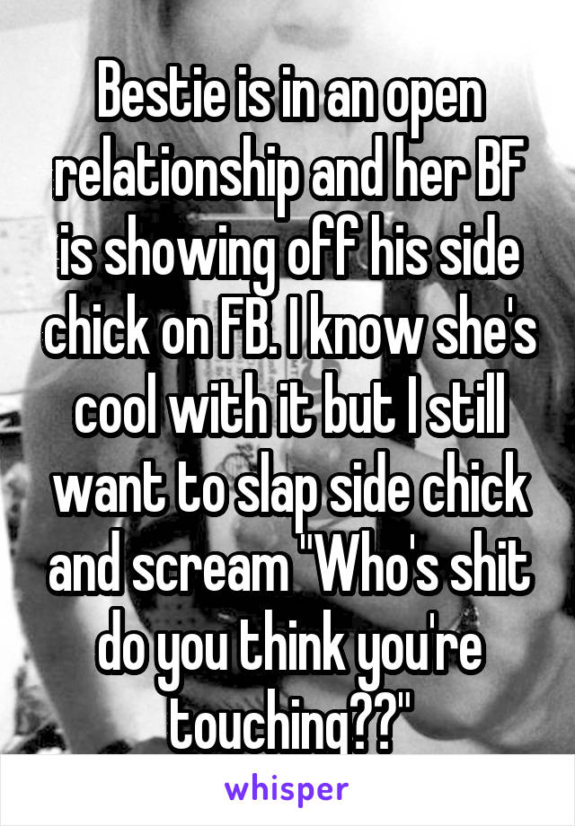 Bestie is in an open relationship and her BF is showing off his side chick on FB. I know she's cool with it but I still want to slap side chick and scream "Who's shit do you think you're touching??"
