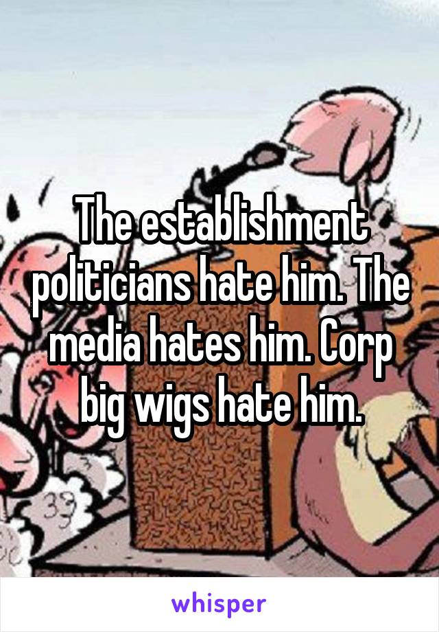 The establishment politicians hate him. The media hates him. Corp big wigs hate him.