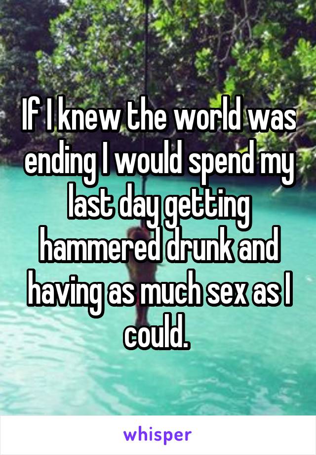 If I knew the world was ending I would spend my last day getting hammered drunk and having as much sex as I could. 