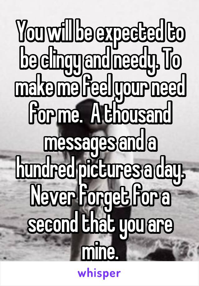 You will be expected to be clingy and needy. To make me feel your need for me.  A thousand messages and a hundred pictures a day. Never forget for a second that you are mine.
