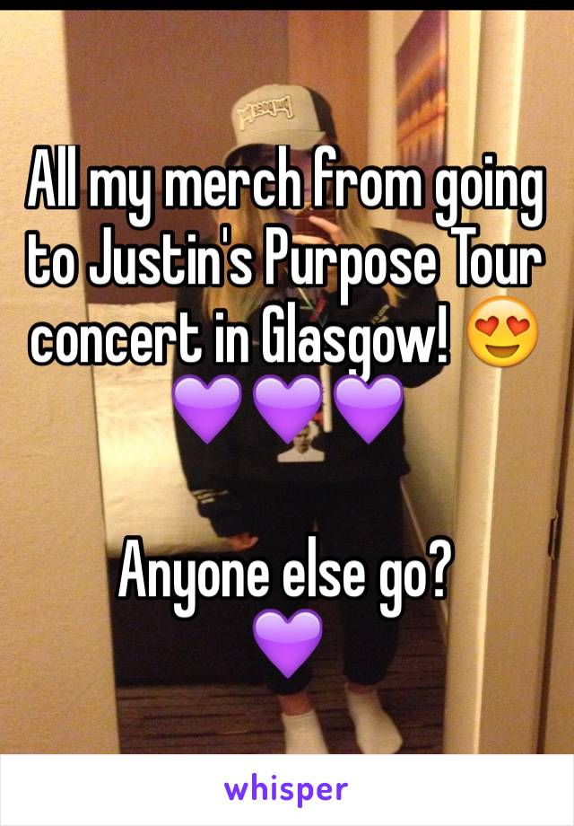 All my merch from going to Justin's Purpose Tour concert in Glasgow! 😍💜💜💜

Anyone else go?
💜


