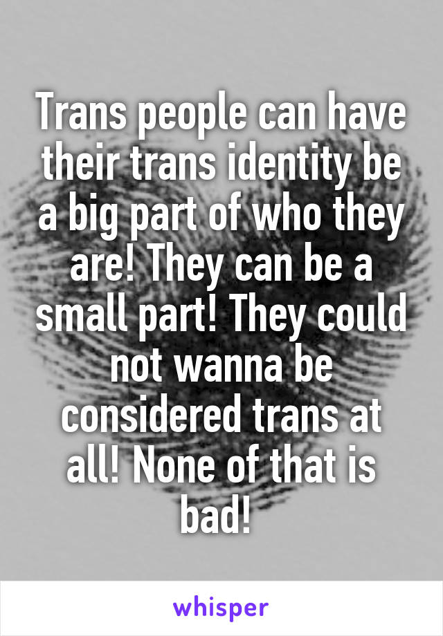 Trans people can have their trans identity be a big part of who they are! They can be a small part! They could not wanna be considered trans at all! None of that is bad! 
