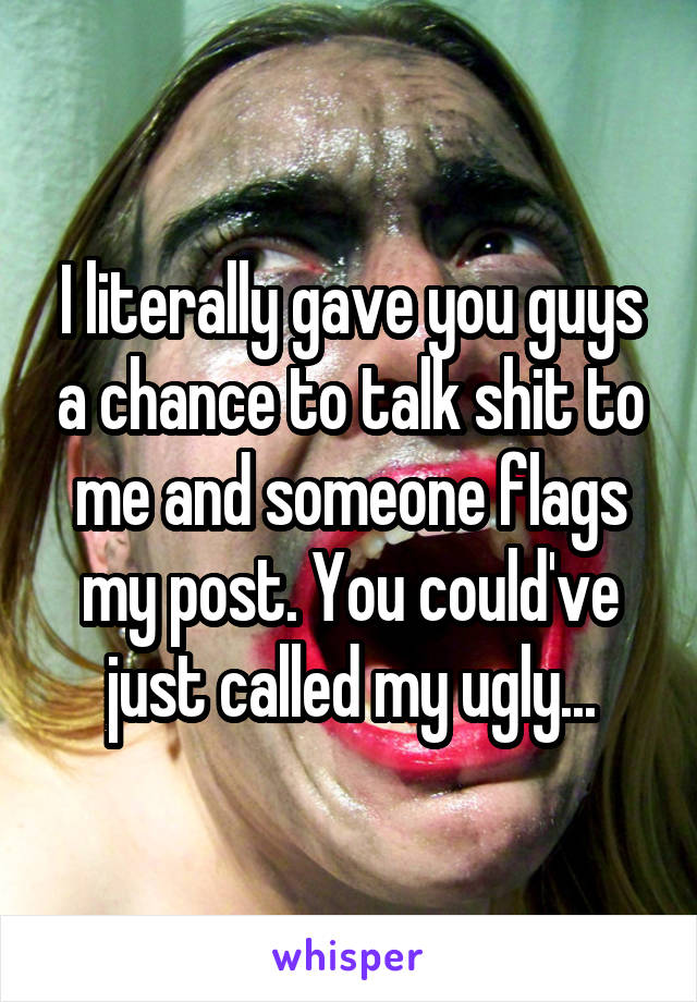 I literally gave you guys a chance to talk shit to me and someone flags my post. You could've just called my ugly...