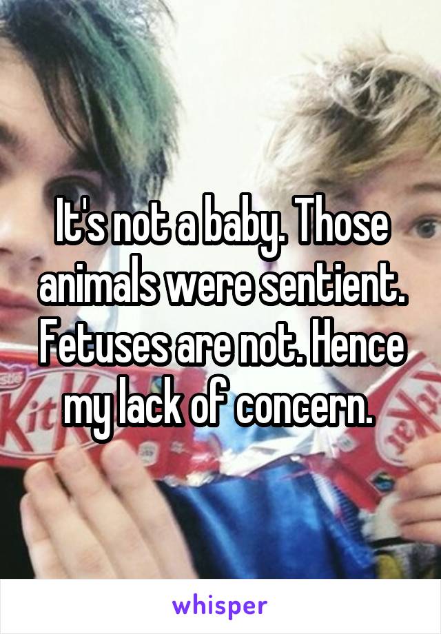 It's not a baby. Those animals were sentient. Fetuses are not. Hence my lack of concern. 