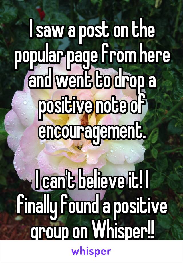 I saw a post on the popular page from here and went to drop a positive note of encouragement.

I can't believe it! I finally found a positive group on Whisper!!