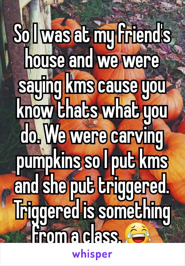 So I was at my friend's house and we were saying kms cause you know thats what you do. We were carving pumpkins so I put kms and she put triggered. Triggered is something from a class.😂