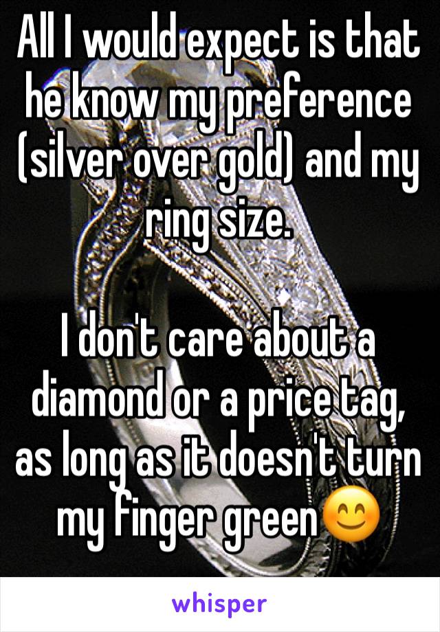 All I would expect is that he know my preference (silver over gold) and my ring size.

I don't care about a diamond or a price tag, as long as it doesn't turn my finger green😊