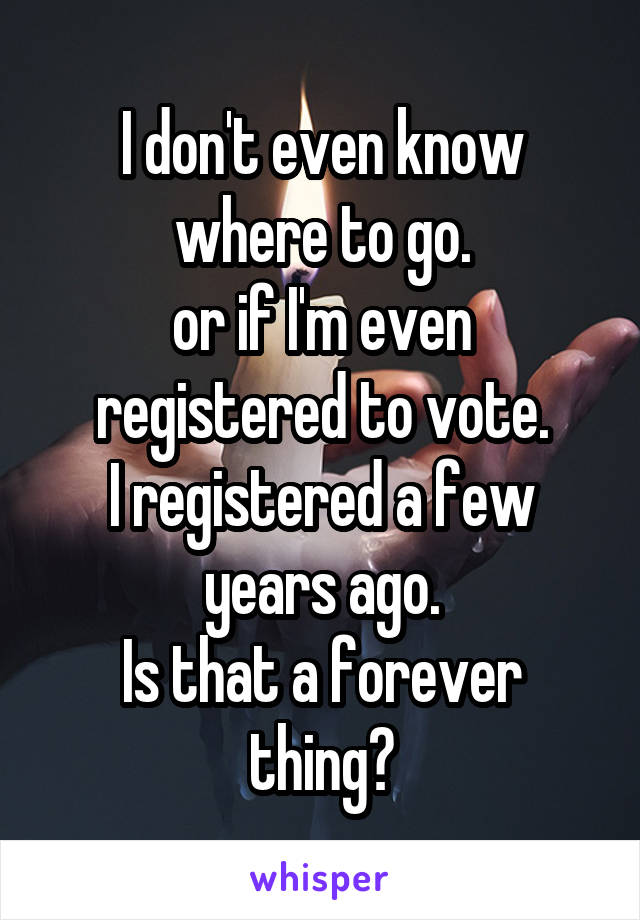 I don't even know where to go.
or if I'm even registered to vote.
I registered a few years ago.
Is that a forever thing?