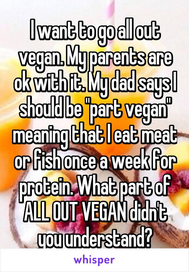 I want to go all out vegan. My parents are ok with it. My dad says I should be "part vegan" meaning that I eat meat or fish once a week for protein. What part of ALL OUT VEGAN didn't you understand?