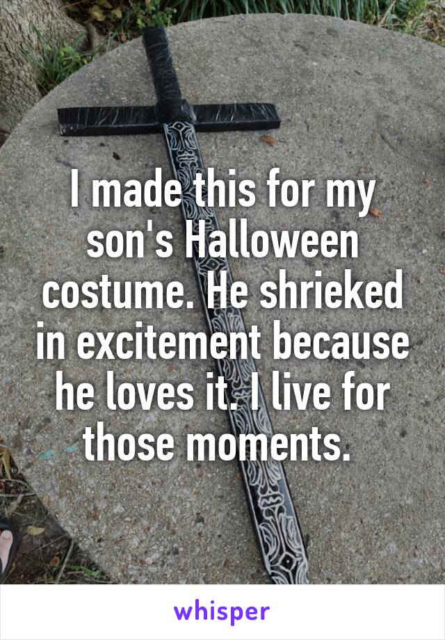 I made this for my son's Halloween costume. He shrieked in excitement because he loves it. I live for those moments. 