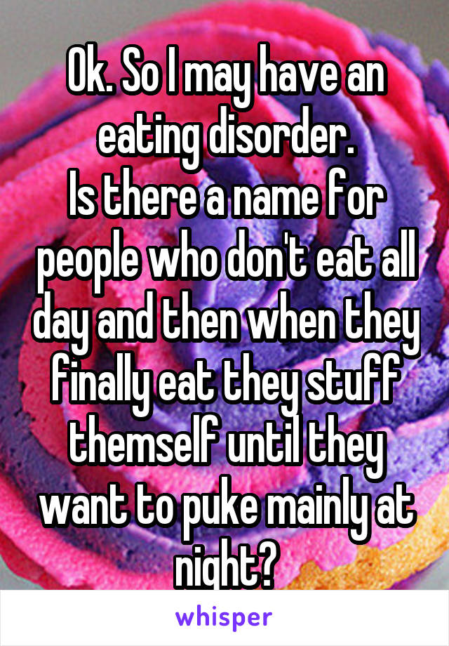 Ok. So I may have an eating disorder.
Is there a name for people who don't eat all day and then when they finally eat they stuff themself until they want to puke mainly at night?