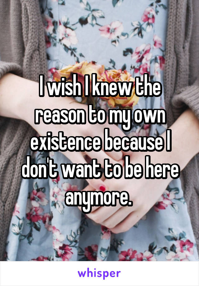 I wish I knew the reason to my own existence because I don't want to be here anymore. 