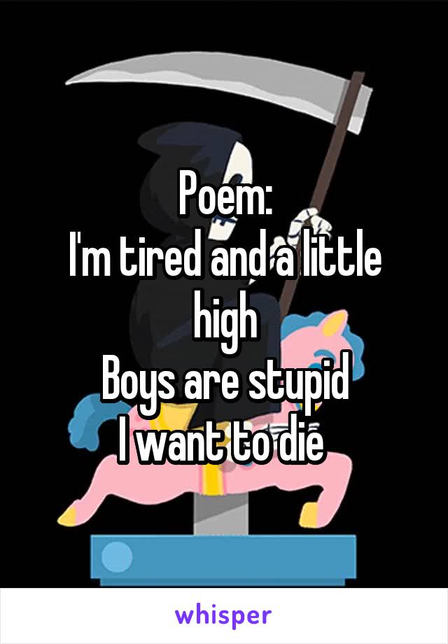 Poem:
I'm tired and a little high
Boys are stupid
I want to die 
