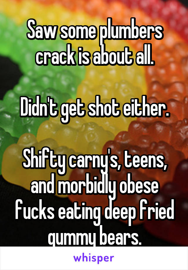 Saw some plumbers crack is about all.

Didn't get shot either.

Shifty carny's, teens, and morbidly obese fucks eating deep fried gummy bears.