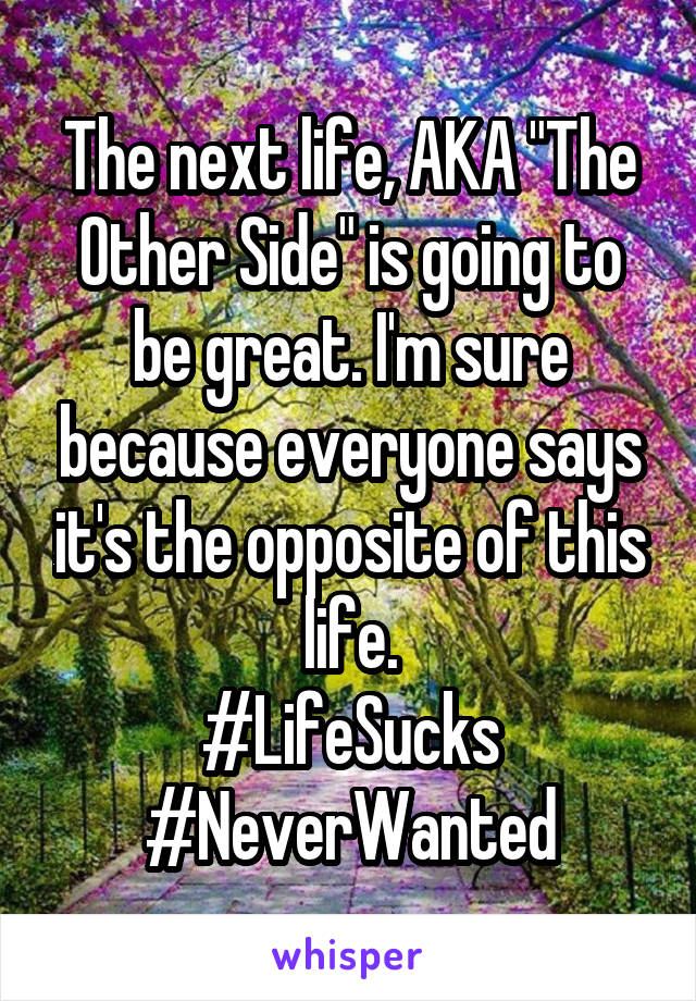 The next life, AKA "The Other Side" is going to be great. I'm sure because everyone says it's the opposite of this life.
#LifeSucks
#NeverWanted