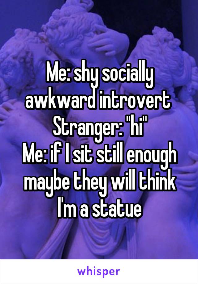Me: shy socially awkward introvert 
Stranger: "hi"
Me: if I sit still enough maybe they will think I'm a statue