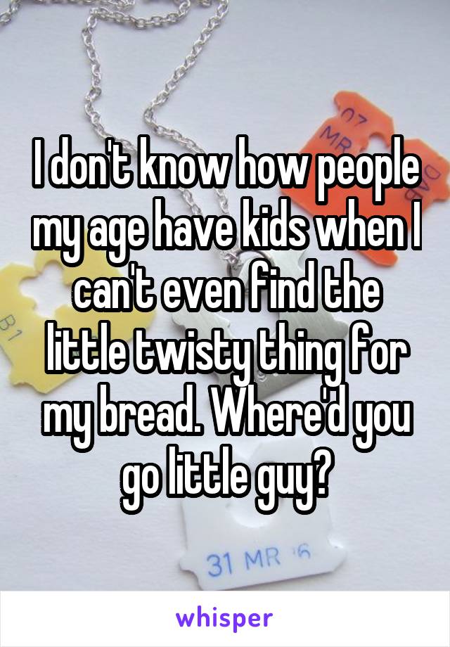 I don't know how people my age have kids when I can't even find the little twisty thing for my bread. Where'd you go little guy?
