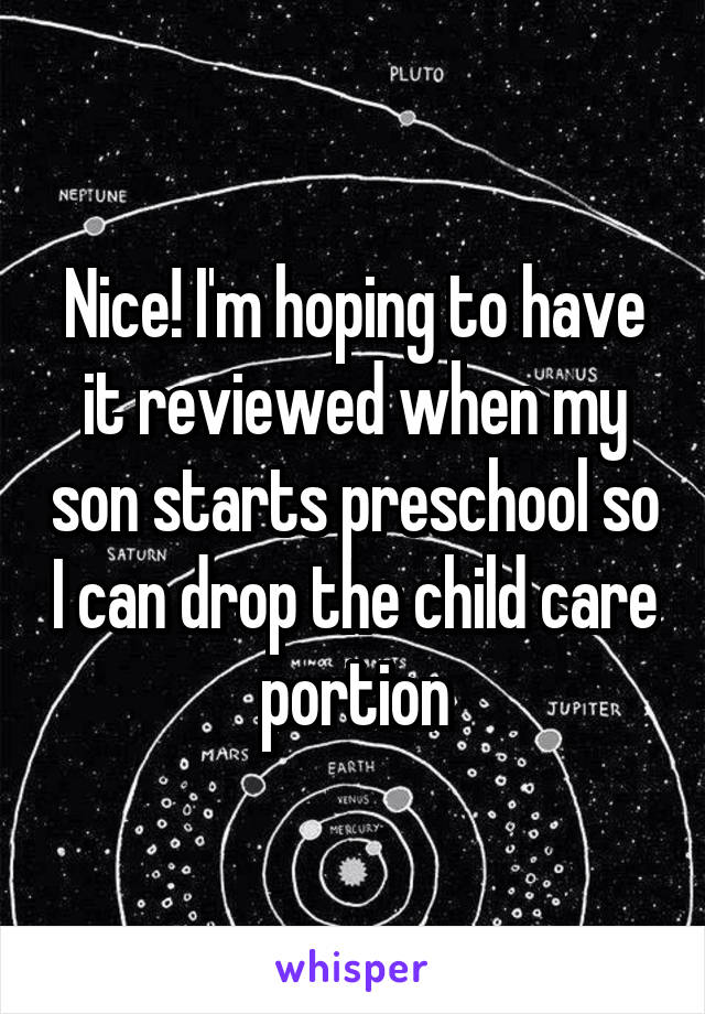 Nice! I'm hoping to have it reviewed when my son starts preschool so I can drop the child care portion