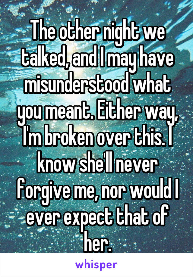 The other night we talked, and I may have misunderstood what you meant. Either way, I'm broken over this. I know she'll never forgive me, nor would I ever expect that of her.
