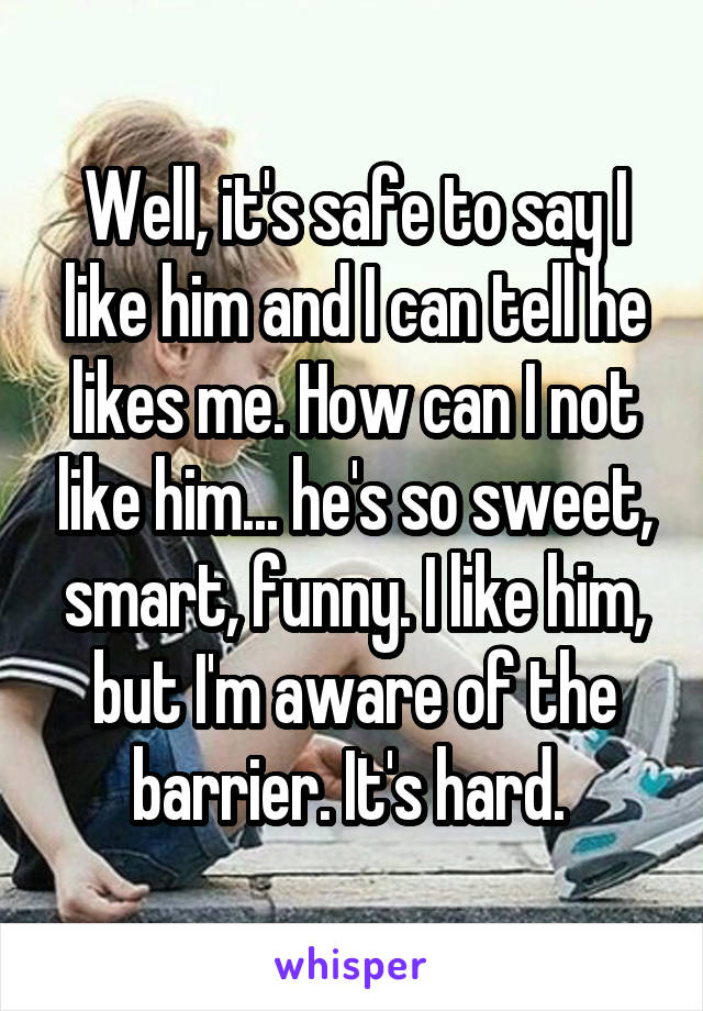 Well, it's safe to say I like him and I can tell he likes me. How can I not like him... he's so sweet, smart, funny. I like him, but I'm aware of the barrier. It's hard. 
