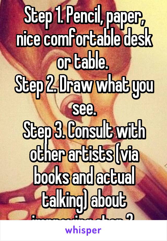 Step 1. Pencil, paper, nice comfortable desk or table. 
Step 2. Draw what you see.
Step 3. Consult with other artists (via books and actual talking) about improving step 2 