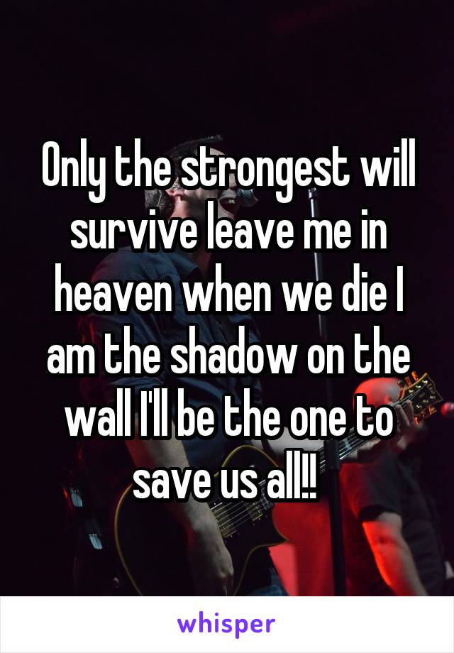 Only the strongest will survive leave me in heaven when we die I am the shadow on the wall I'll be the one to save us all!! 