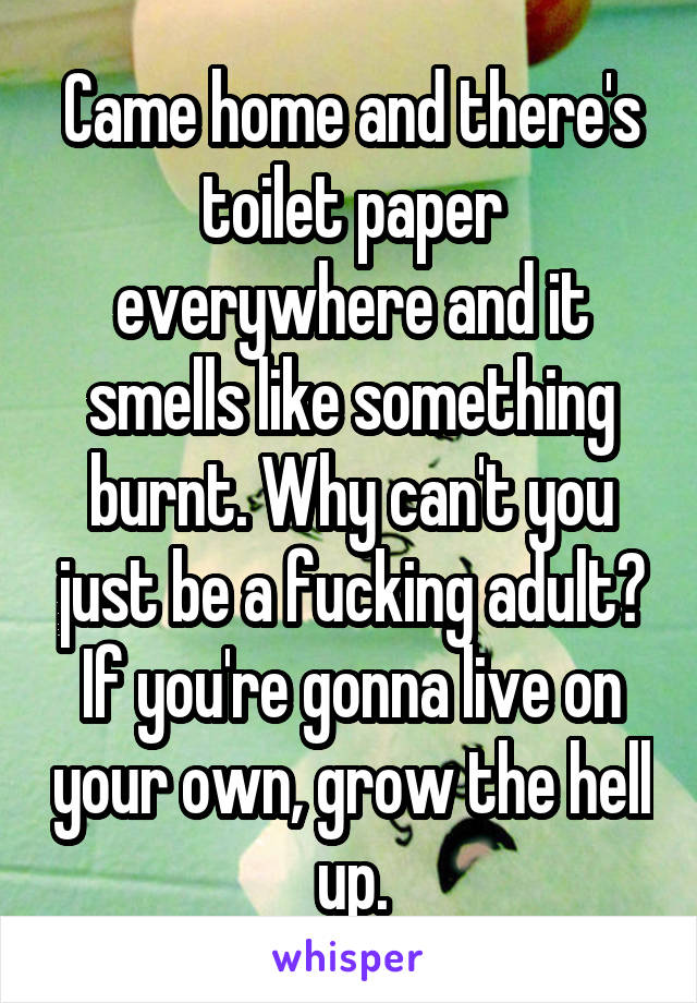 Came home and there's toilet paper everywhere and it smells like something burnt. Why can't you just be a fucking adult? If you're gonna live on your own, grow the hell up.