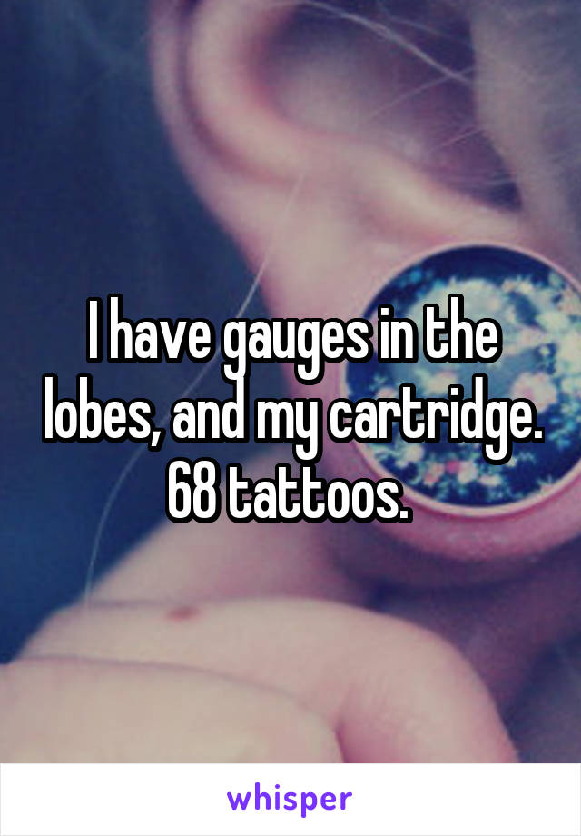 I have gauges in the lobes, and my cartridge. 68 tattoos. 