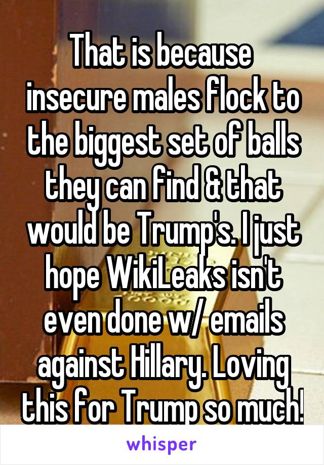 That is because  insecure males flock to the biggest set of balls they can find & that would be Trump's. I just hope WikiLeaks isn't even done w/ emails against Hillary. Loving this for Trump so much!