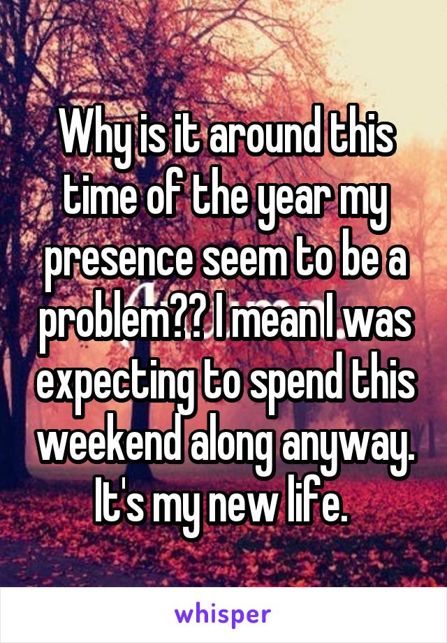 Why is it around this time of the year my presence seem to be a problem?? I mean I was expecting to spend this weekend along anyway. It's my new life. 
