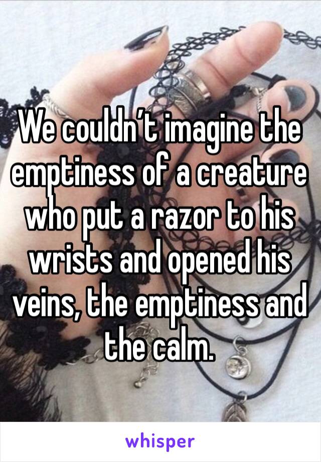 We couldn’t imagine the emptiness of a creature who put a razor to his wrists and opened his veins, the emptiness and the calm.