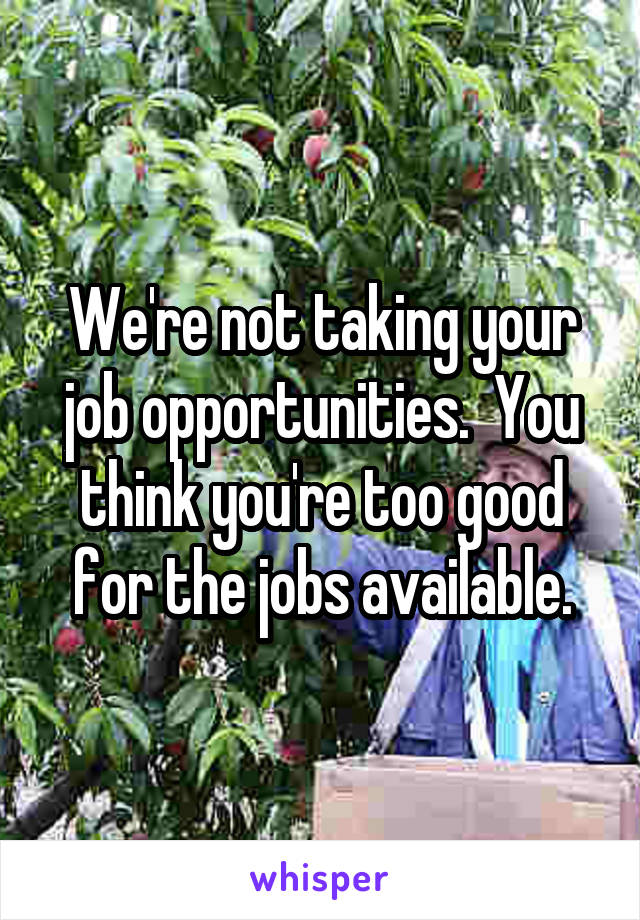 We're not taking your job opportunities.  You think you're too good for the jobs available.