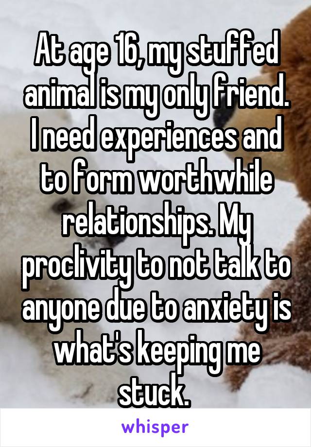 At age 16, my stuffed animal is my only friend. I need experiences and to form worthwhile relationships. My proclivity to not talk to anyone due to anxiety is what's keeping me stuck. 