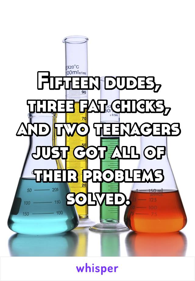 Fifteen dudes, three fat chicks, and two teenagers just got all of their problems solved.
