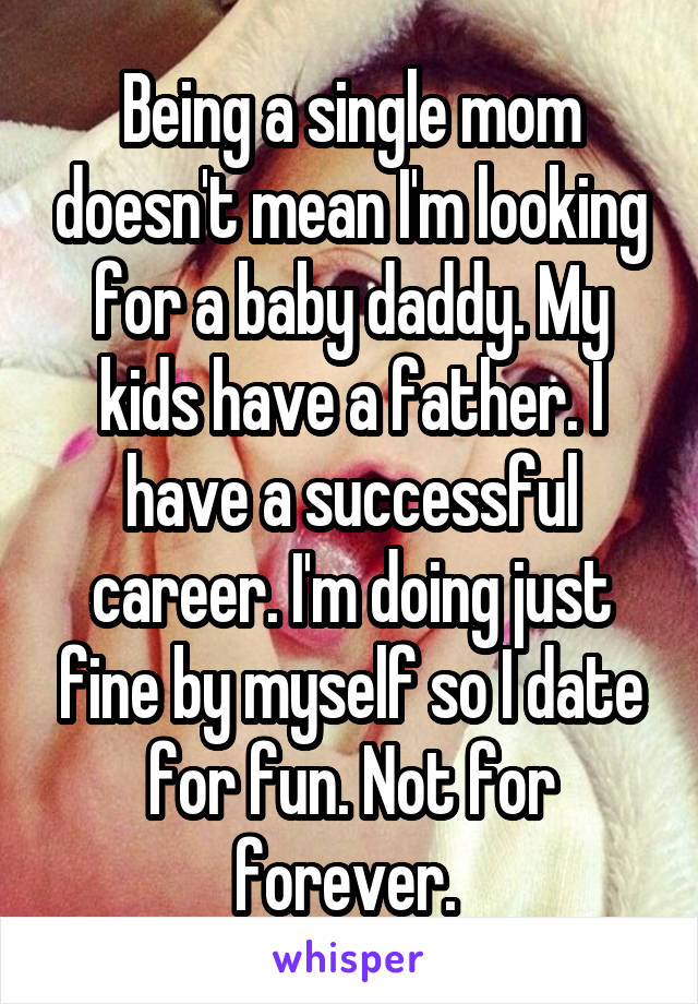 Being a single mom doesn't mean I'm looking for a baby daddy. My kids have a father. I have a successful career. I'm doing just fine by myself so I date for fun. Not for forever. 
