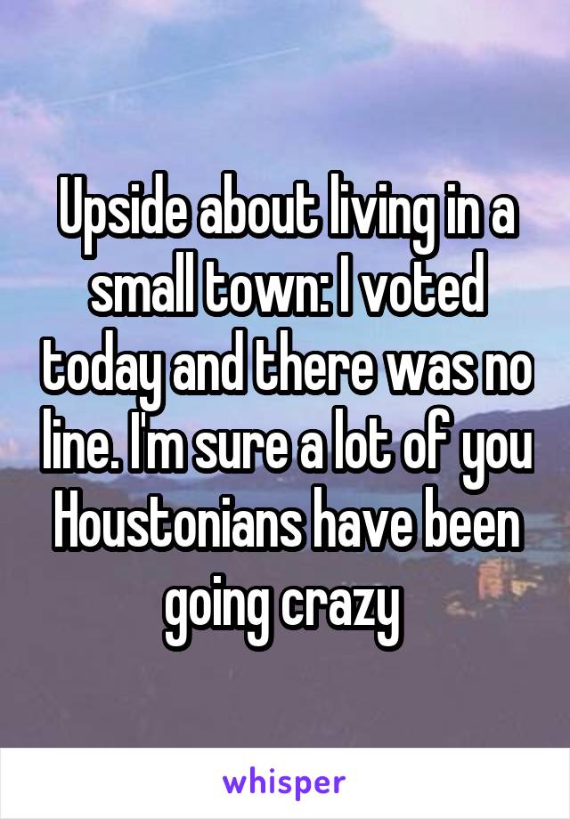 Upside about living in a small town: I voted today and there was no line. I'm sure a lot of you Houstonians have been going crazy 