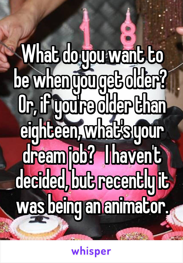 What do you want to be when you get older?  Or, if you're older than eighteen, what's your dream job?   I haven't decided, but recently it was being an animator.