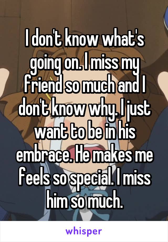 I don't know what's going on. I miss my friend so much and I don't know why. I just want to be in his embrace. He makes me feels so special. I miss him so much.