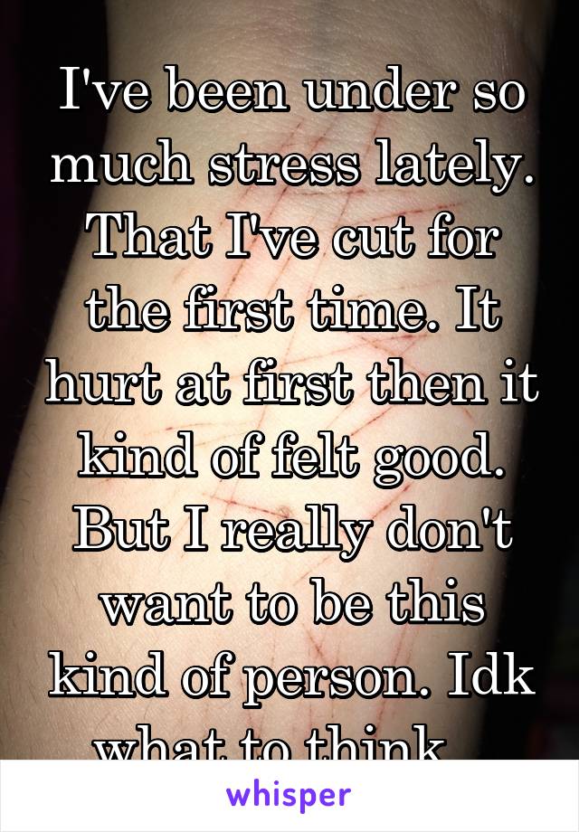 I've been under so much stress lately. That I've cut for the first time. It hurt at first then it kind of felt good. But I really don't want to be this kind of person. Idk what to think...