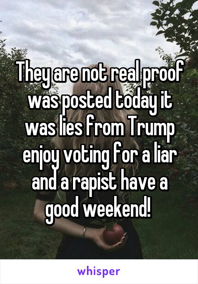 They are not real proof was posted today it was lies from Trump enjoy voting for a liar and a rapist have a good weekend! 