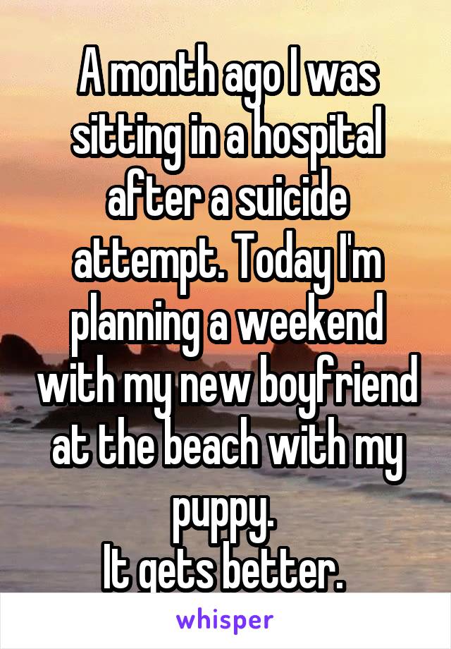 A month ago I was sitting in a hospital after a suicide attempt. Today I'm planning a weekend with my new boyfriend at the beach with my puppy. 
It gets better. 