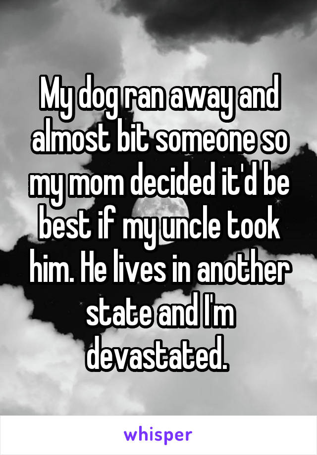 My dog ran away and almost bit someone so my mom decided it'd be best if my uncle took him. He lives in another state and I'm devastated. 