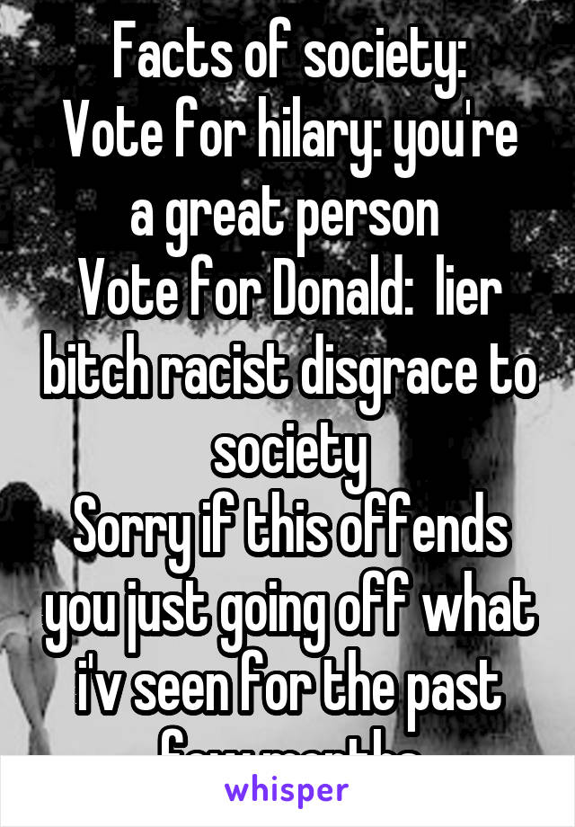 Facts of society:
Vote for hilary: you're a great person 
Vote for Donald:  lier bitch racist disgrace to society
Sorry if this offends you just going off what i'v seen for the past few months