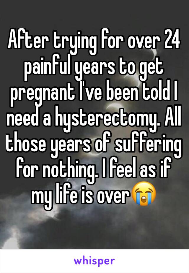 After trying for over 24 painful years to get pregnant I've been told I need a hysterectomy. All those years of suffering for nothing. I feel as if my life is over😭